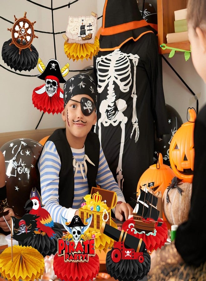 Koeilay 9 Pcs Pirate Party Decorations Honeycomb Centerpiece Table Decoration Pirate Ship Captain Hat Parrot Treasure Map Skull Cake Topper Nautical Decor for Birthday Party Baby Shower Office Classroom - Image 4